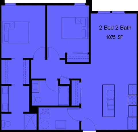 Floor plan for 2 beds, 2 baths, 1075 sqft